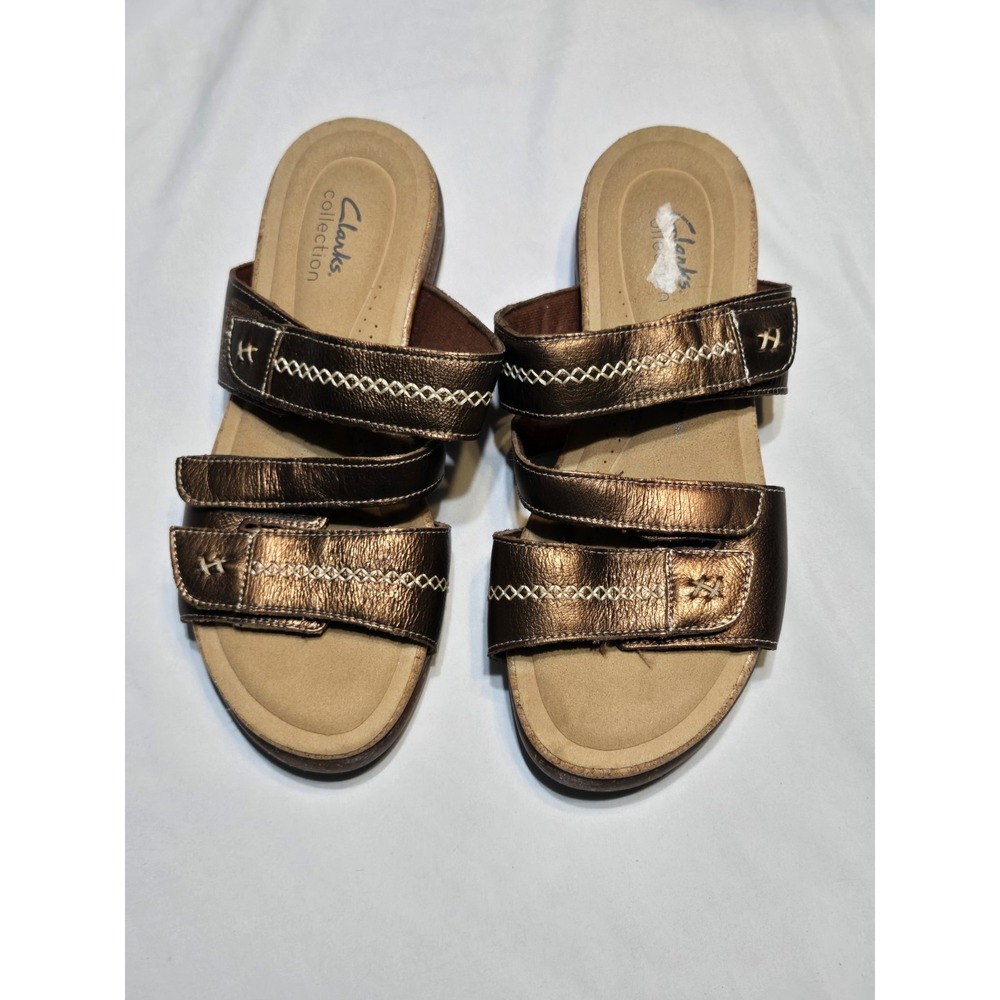 Clarks Collection Leather Slide Sandals Roseville Bay Brown Bronze Wmns 9.5 NWOT